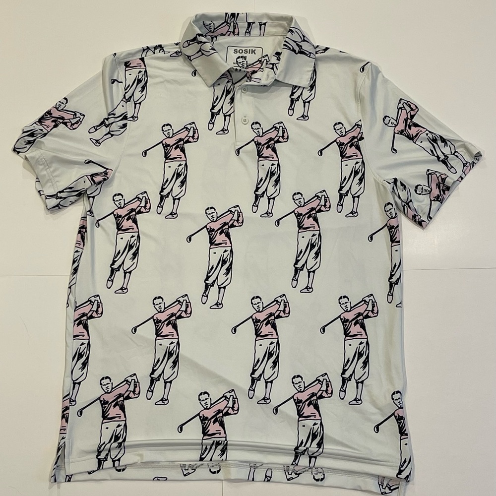 SOSIK Golf Polo Mens M  Shirt Golfer Print Athletic Stretch Off White